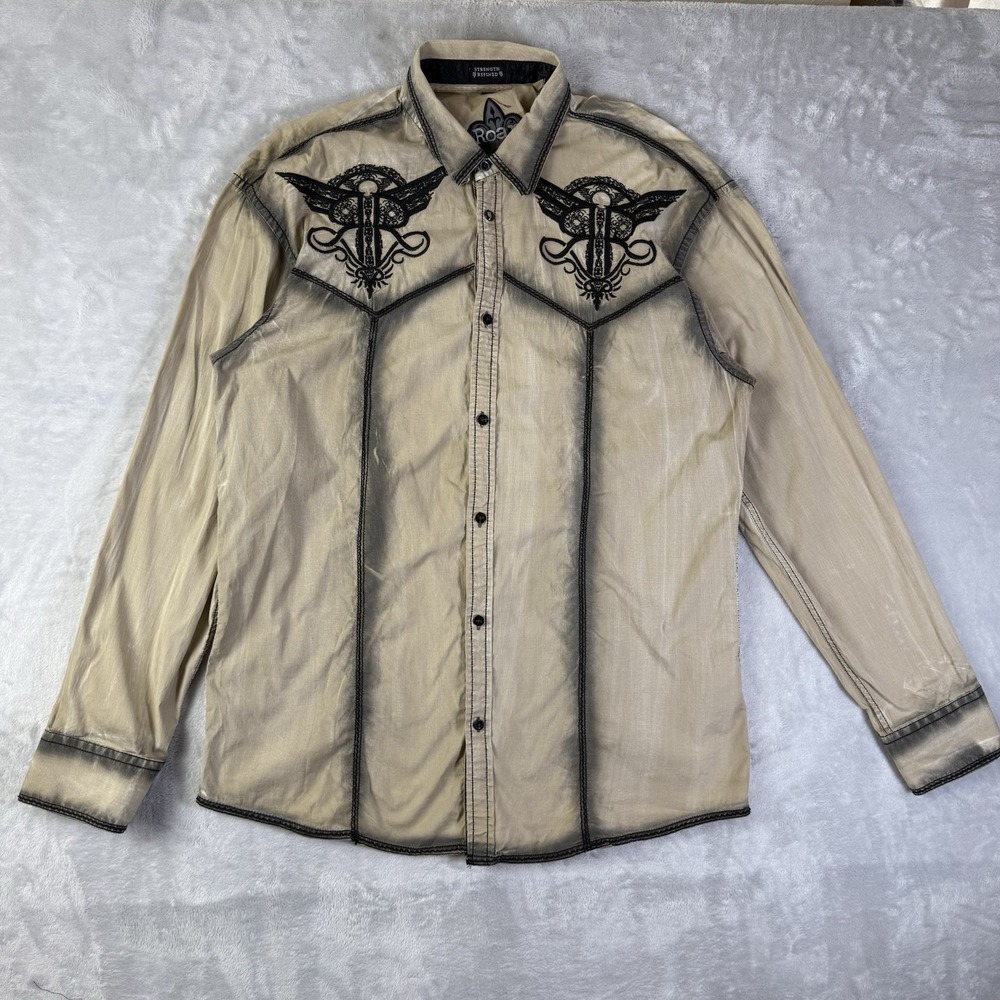 Roar Embroidered Dress Shirt Men's XL Cream Western Grunge Festival Classic
